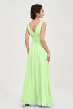V Neck Natural Chiffon Bridesmaid Dress with Ruched Pleated Formal Evening Dresses Gowns