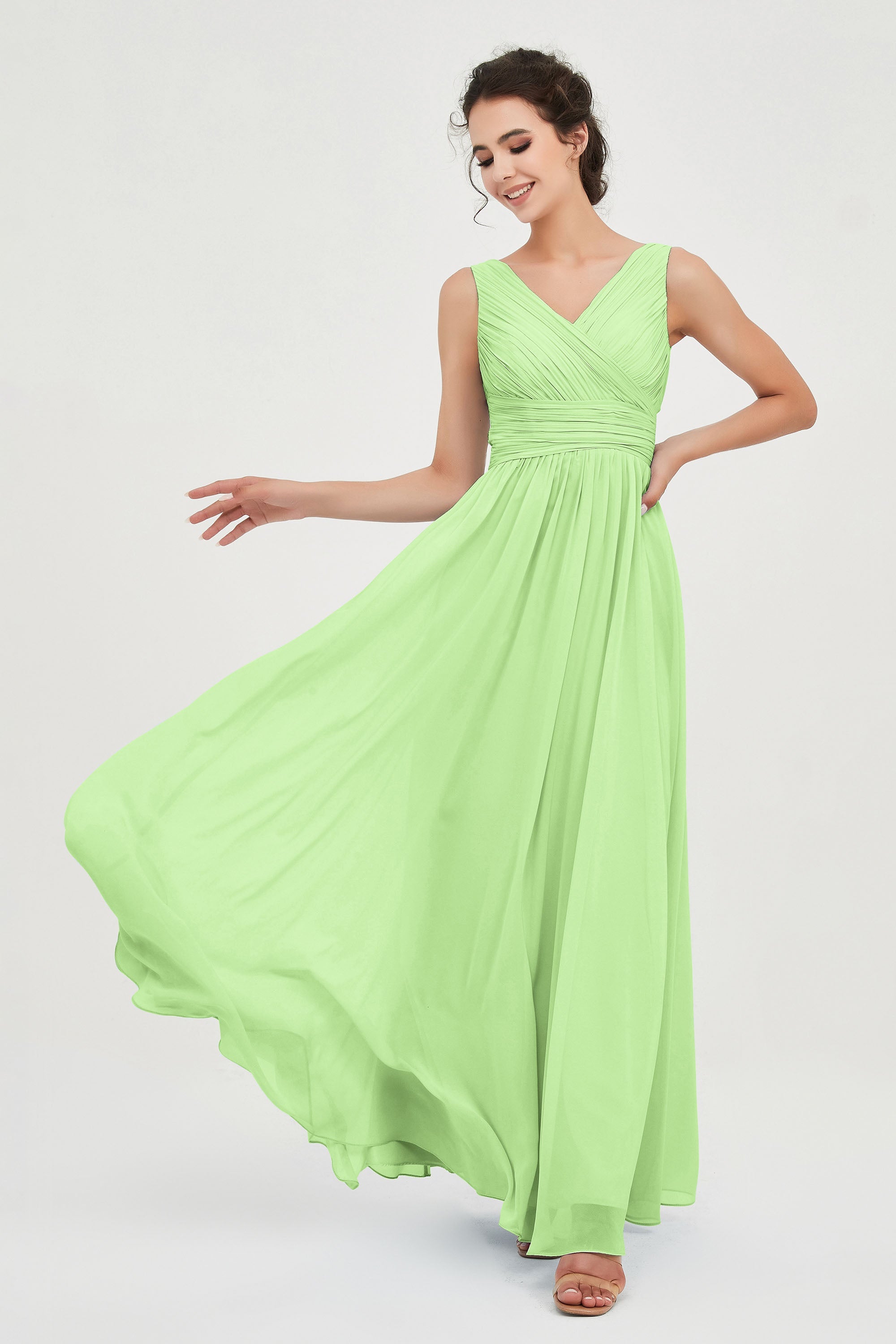 V Neck Natural Chiffon Bridesmaid Dress with Ruched Pleated Formal Evening Dresses Gowns