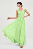 V Neck Natural Chiffon Bridesmaid Dress with Ruched Pleated Formal Evening Dresses Gowns