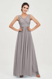 V Neck Natural Chiffon Bridesmaid Dress with Ruched Pleated Formal Evening Dresses Gowns