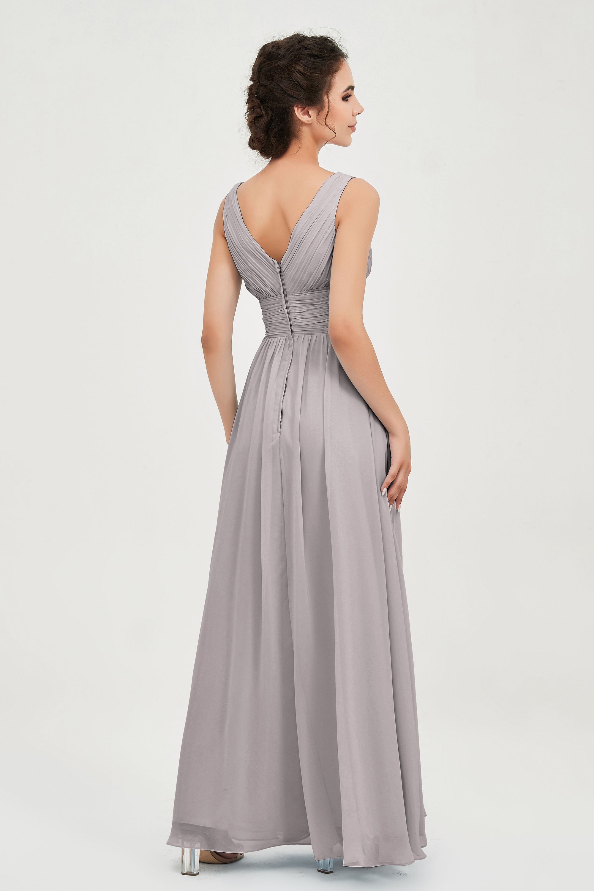 V Neck Natural Chiffon Bridesmaid Dress with Ruched Pleated Formal Evening Dresses Gowns