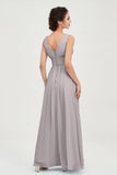 V Neck Natural Chiffon Bridesmaid Dress with Ruched Pleated Formal Evening Dresses Gowns