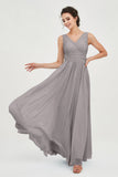 V Neck Natural Chiffon Bridesmaid Dress with Ruched Pleated Formal Evening Dresses Gowns
