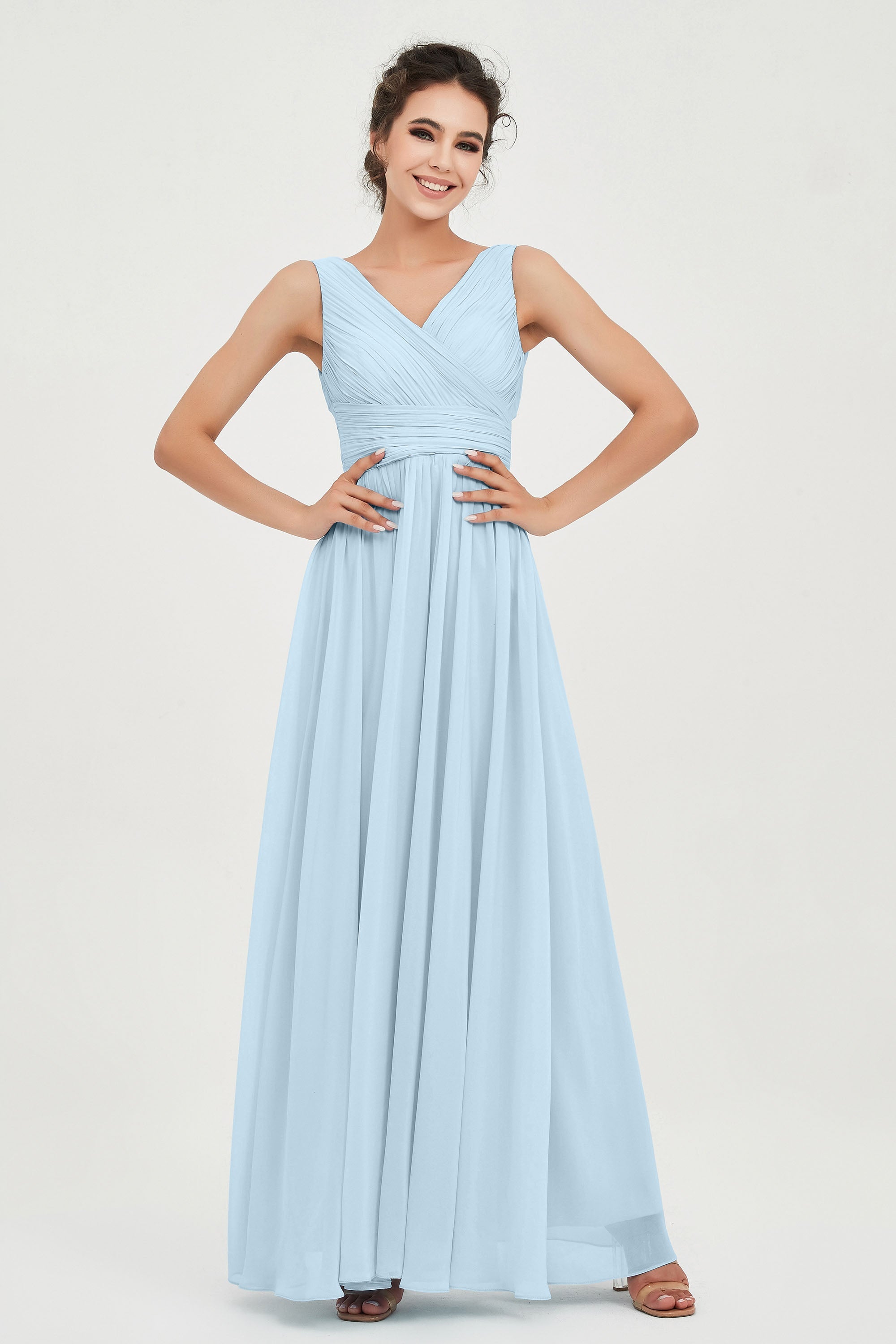 V Neck Natural Chiffon Bridesmaid Dress with Ruched Pleated Formal Evening Dresses Gowns