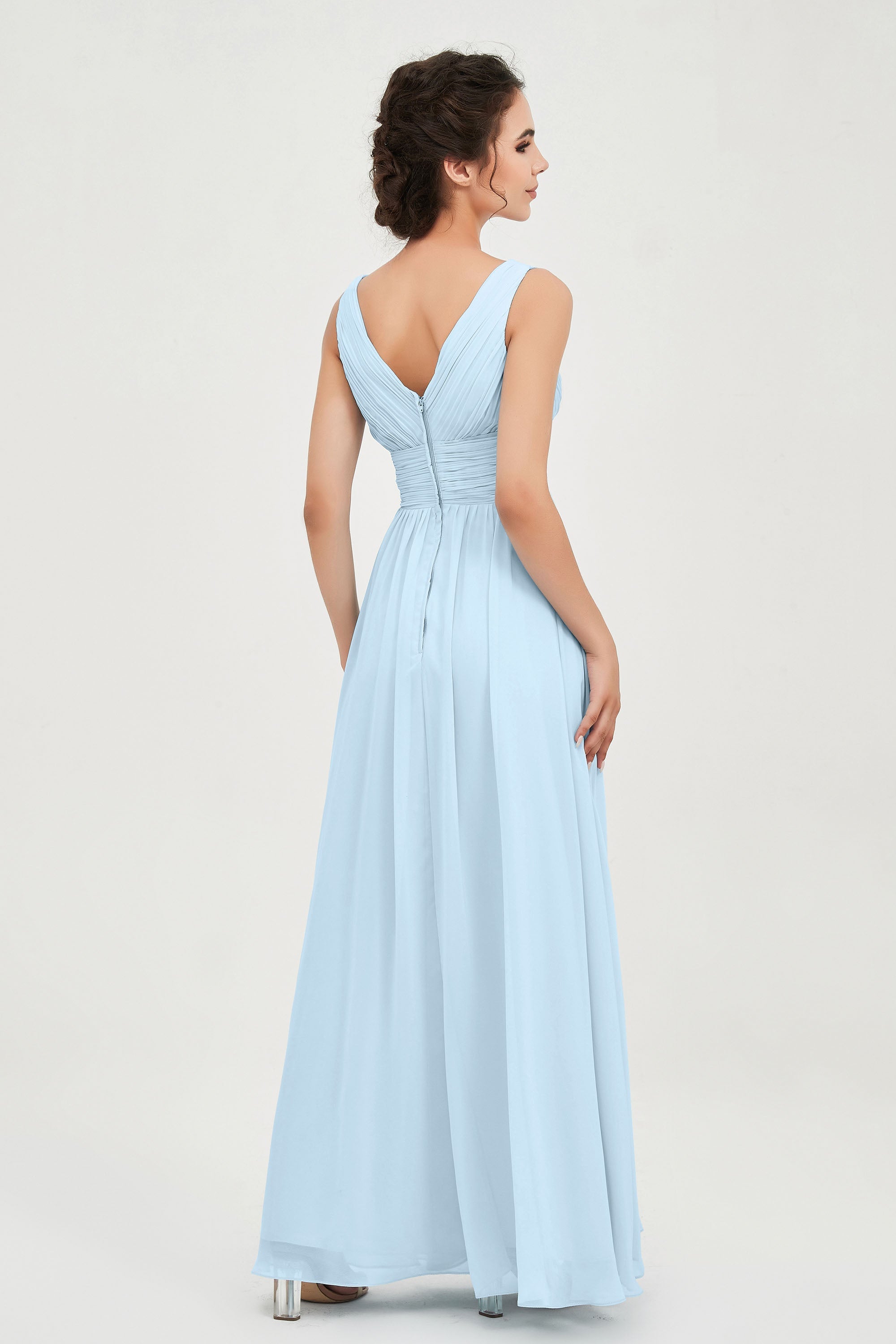 V Neck Natural Chiffon Bridesmaid Dress with Ruched Pleated Formal Evening Dresses Gowns