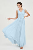 V Neck Natural Chiffon Bridesmaid Dress with Ruched Pleated Formal Evening Dresses Gowns