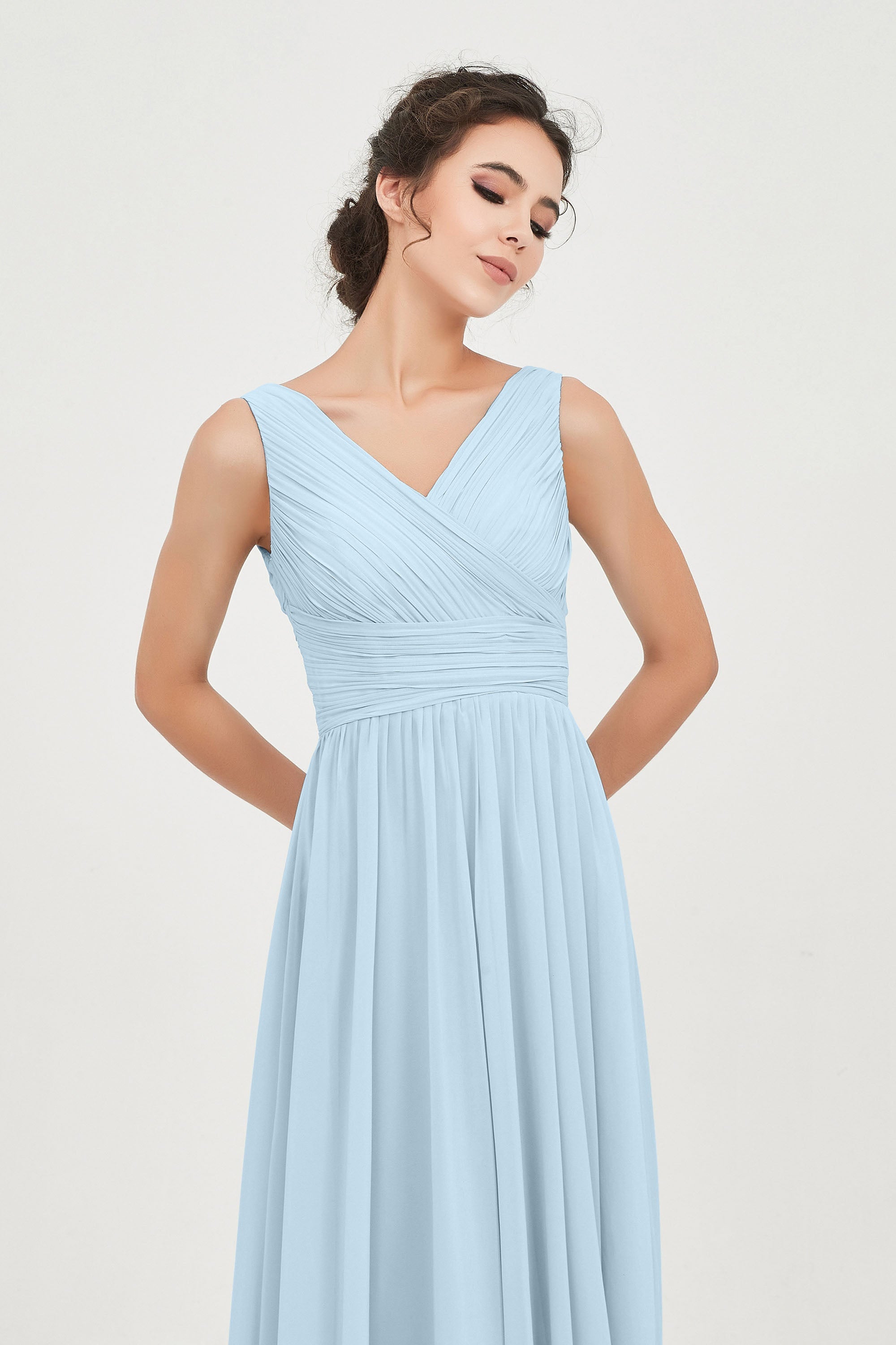 V Neck Natural Chiffon Bridesmaid Dress with Ruched Pleated Formal Evening Dresses Gowns