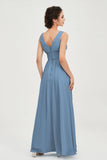 V Neck Natural Chiffon Bridesmaid Dress with Ruched Pleated Formal Evening Dresses Gowns