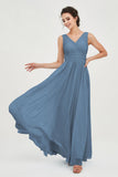 V Neck Natural Chiffon Bridesmaid Dress with Ruched Pleated Formal Evening Dresses Gowns