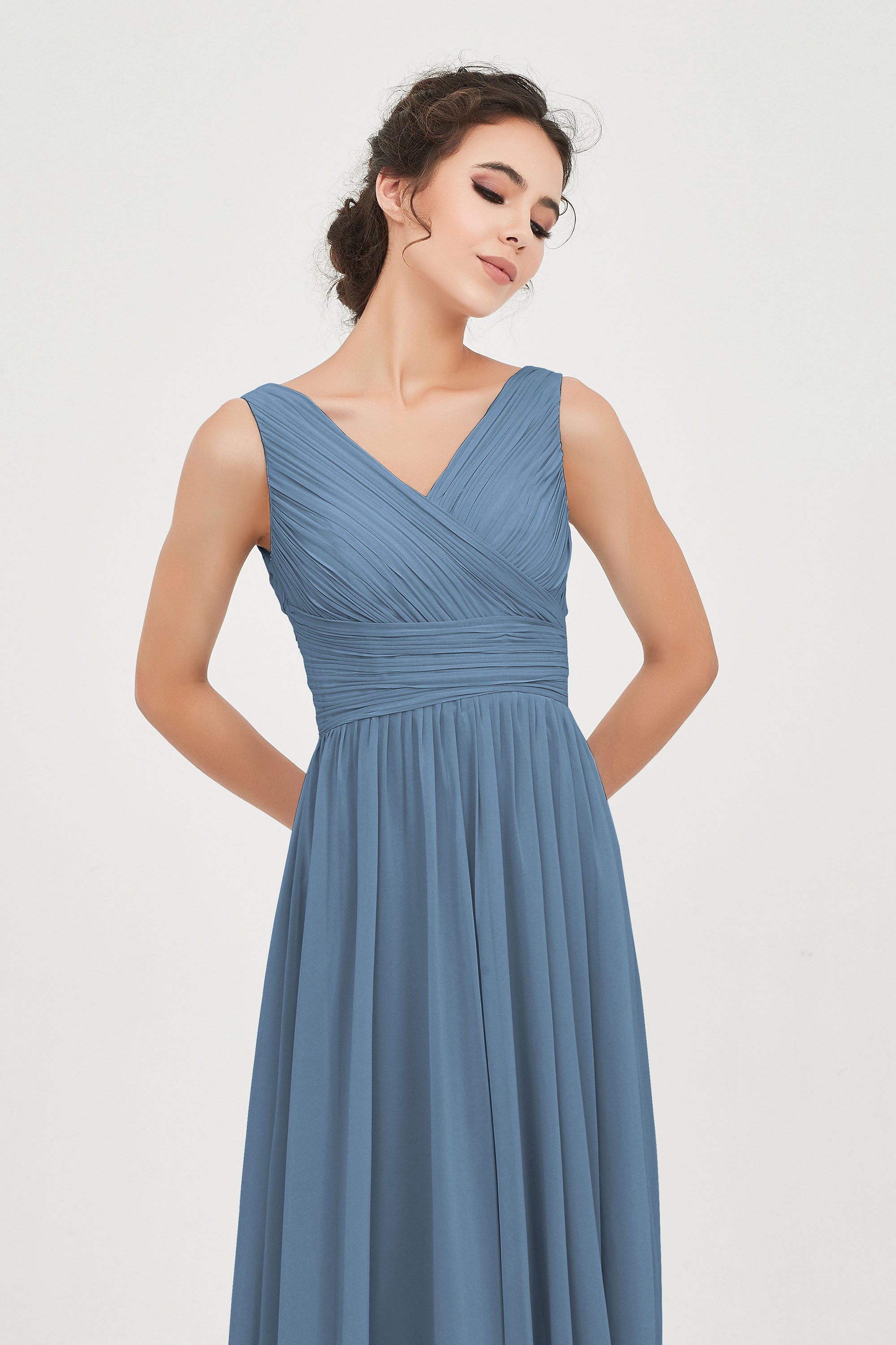 V Neck Natural Chiffon Bridesmaid Dress with Ruched Pleated Formal Evening Dresses Gowns