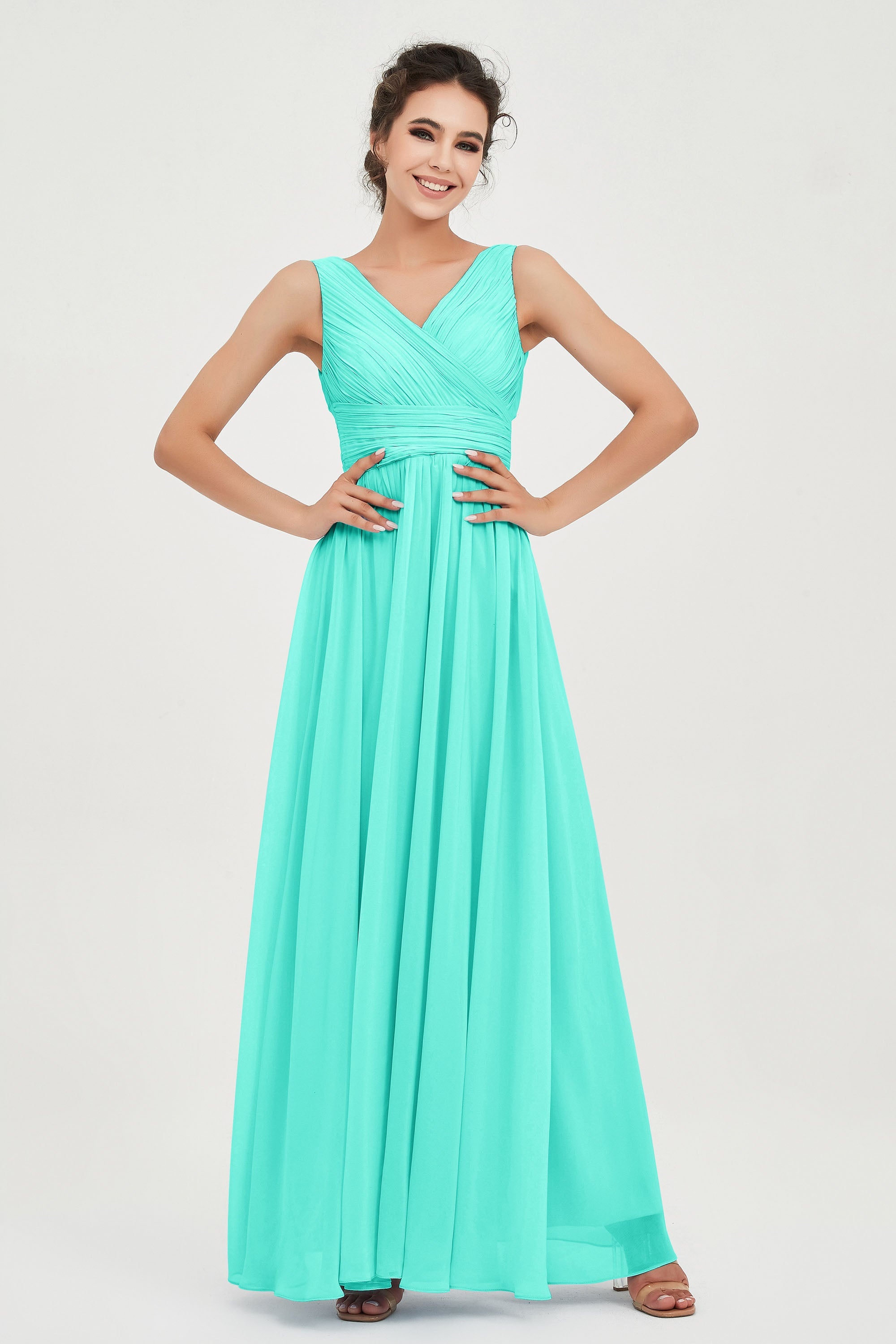 V Neck Natural Chiffon Bridesmaid Dress with Ruched Pleated Formal Evening Dresses Gowns