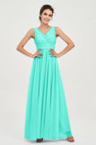 V Neck Natural Chiffon Bridesmaid Dress with Ruched Pleated Formal Evening Dresses Gowns