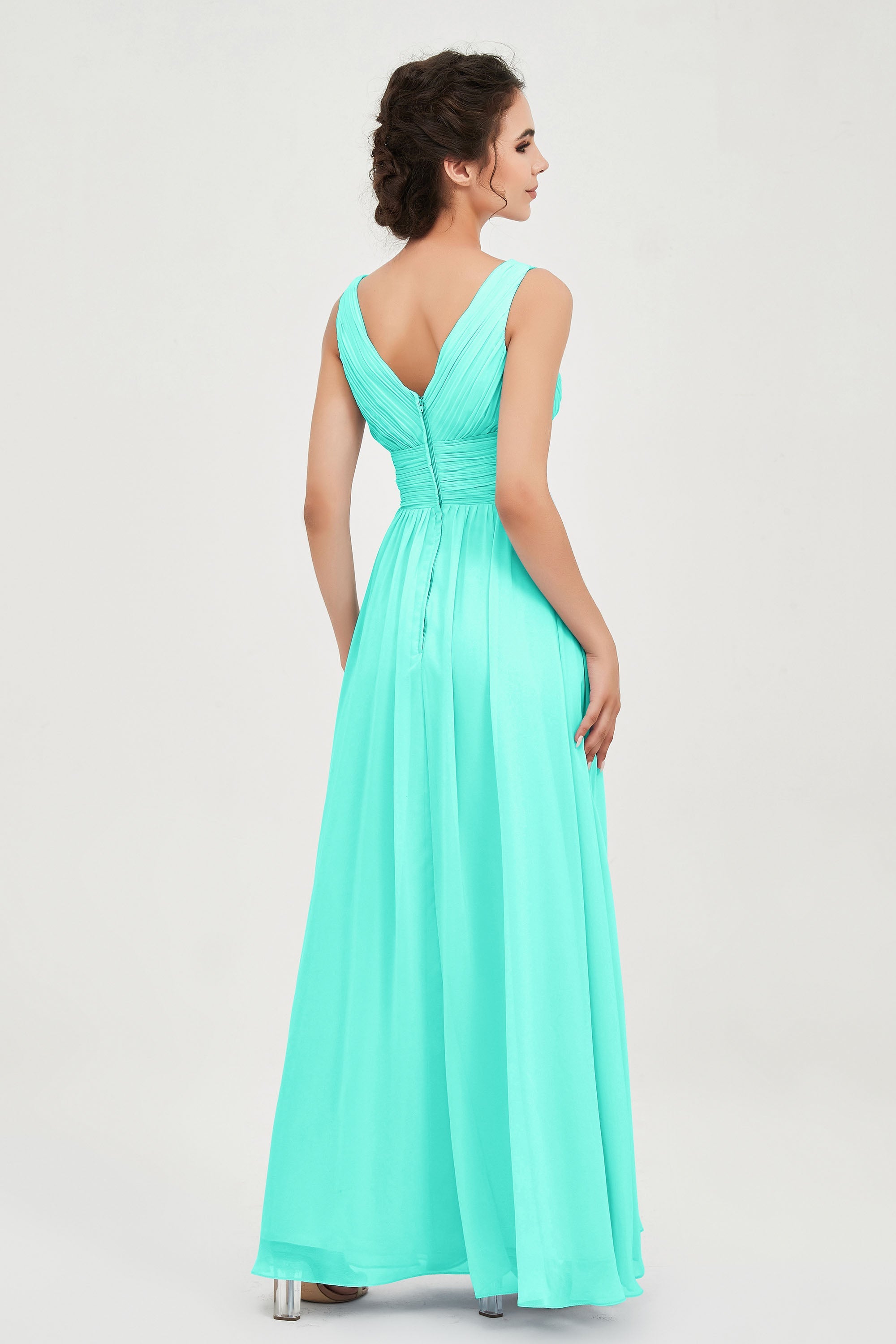 V Neck Natural Chiffon Bridesmaid Dress with Ruched Pleated Formal Evening Dresses Gowns