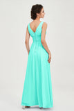 V Neck Natural Chiffon Bridesmaid Dress with Ruched Pleated Formal Evening Dresses Gowns