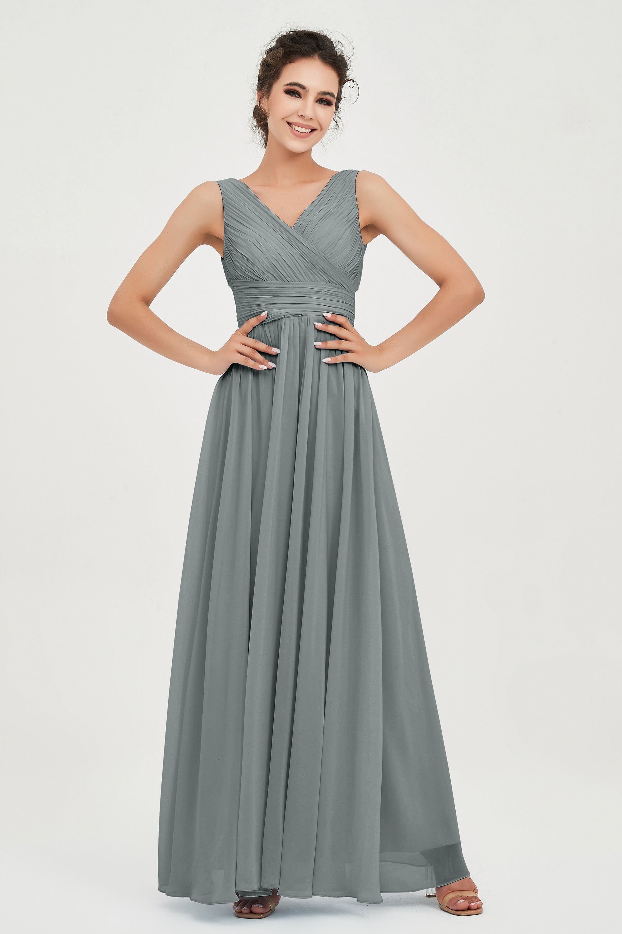 V Neck Natural Chiffon Bridesmaid Dress with Ruched Pleated Formal Evening Dresses Gowns