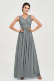 V Neck Natural Chiffon Bridesmaid Dress with Ruched Pleated Formal Evening Dresses Gowns