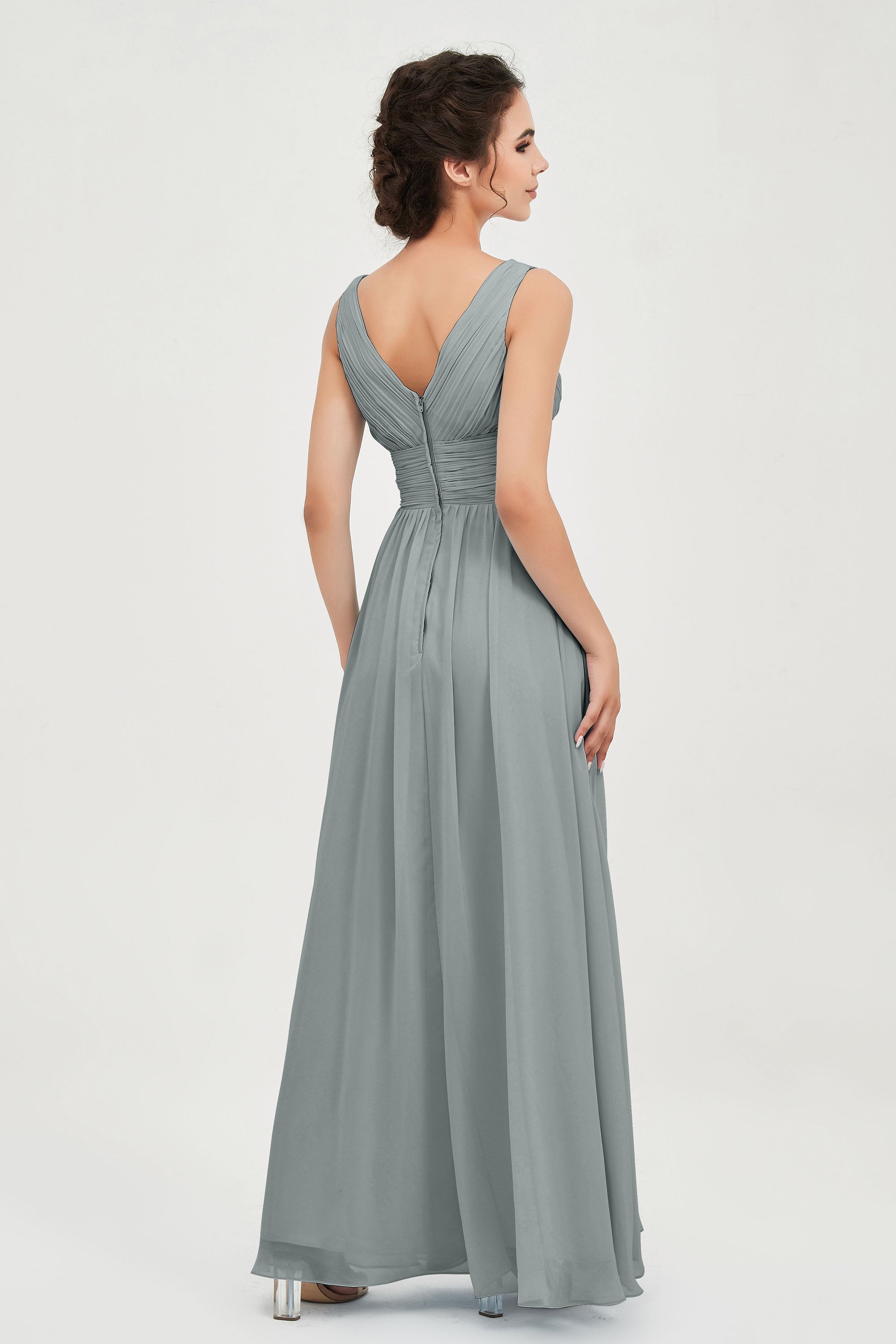V Neck Natural Chiffon Bridesmaid Dress with Ruched Pleated Formal Evening Dresses Gowns
