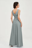 V Neck Natural Chiffon Bridesmaid Dress with Ruched Pleated Formal Evening Dresses Gowns