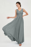 V Neck Natural Chiffon Bridesmaid Dress with Ruched Pleated Formal Evening Dresses Gowns