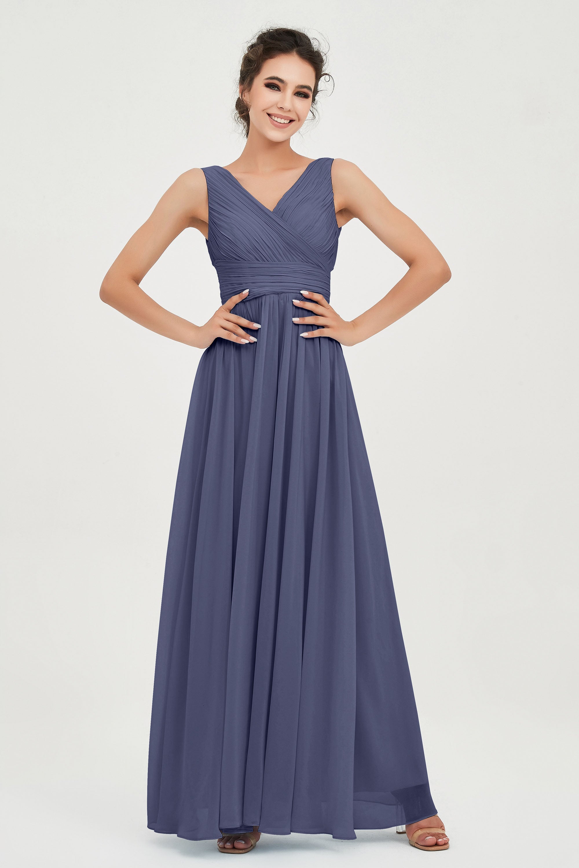 V Neck Natural Chiffon Bridesmaid Dress with Ruched Pleated Formal Evening Dresses Gowns
