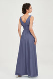 V Neck Natural Chiffon Bridesmaid Dress with Ruched Pleated Formal Evening Dresses Gowns