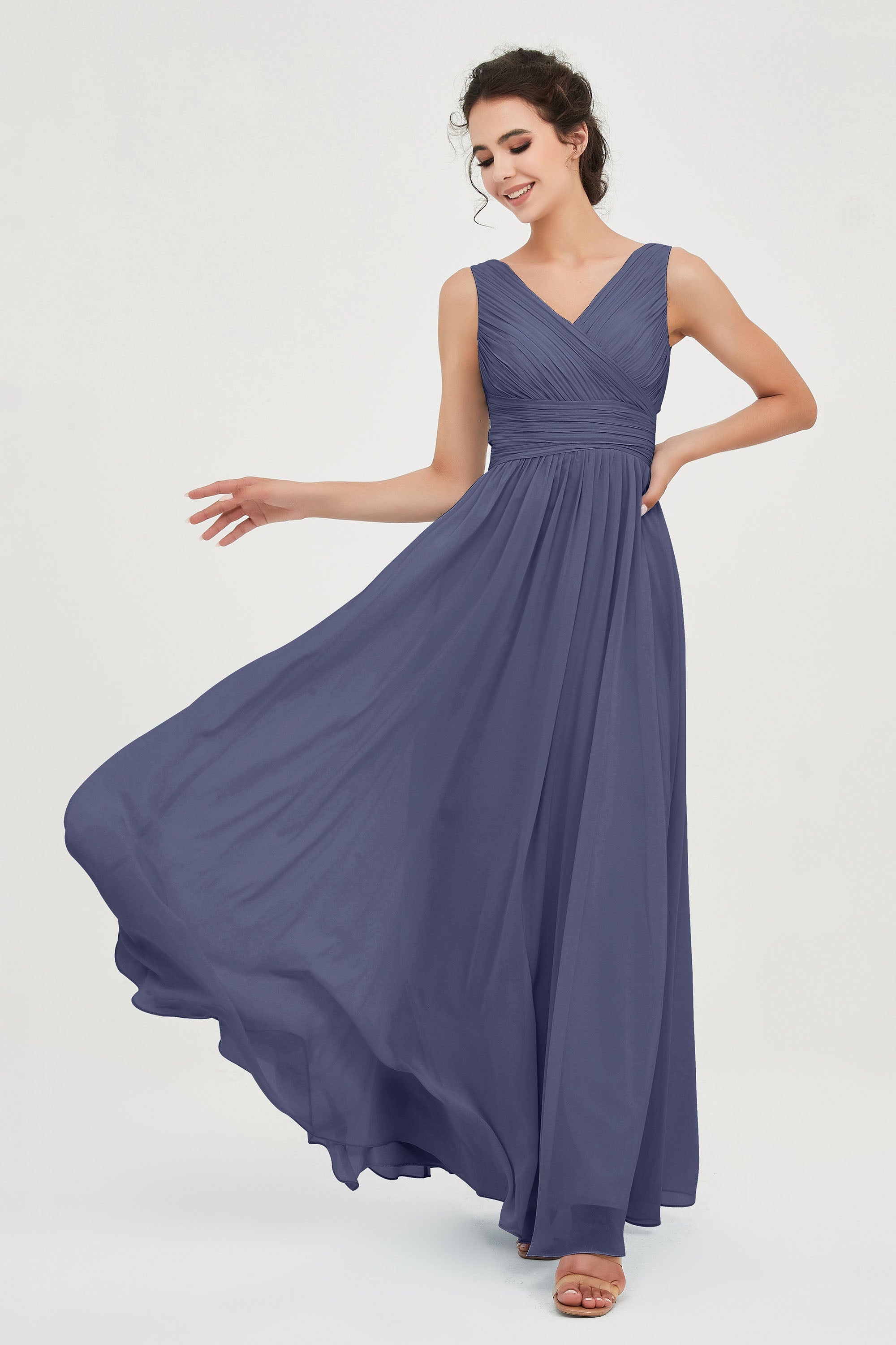 V Neck Natural Chiffon Bridesmaid Dress with Ruched Pleated Formal Evening Dresses Gowns