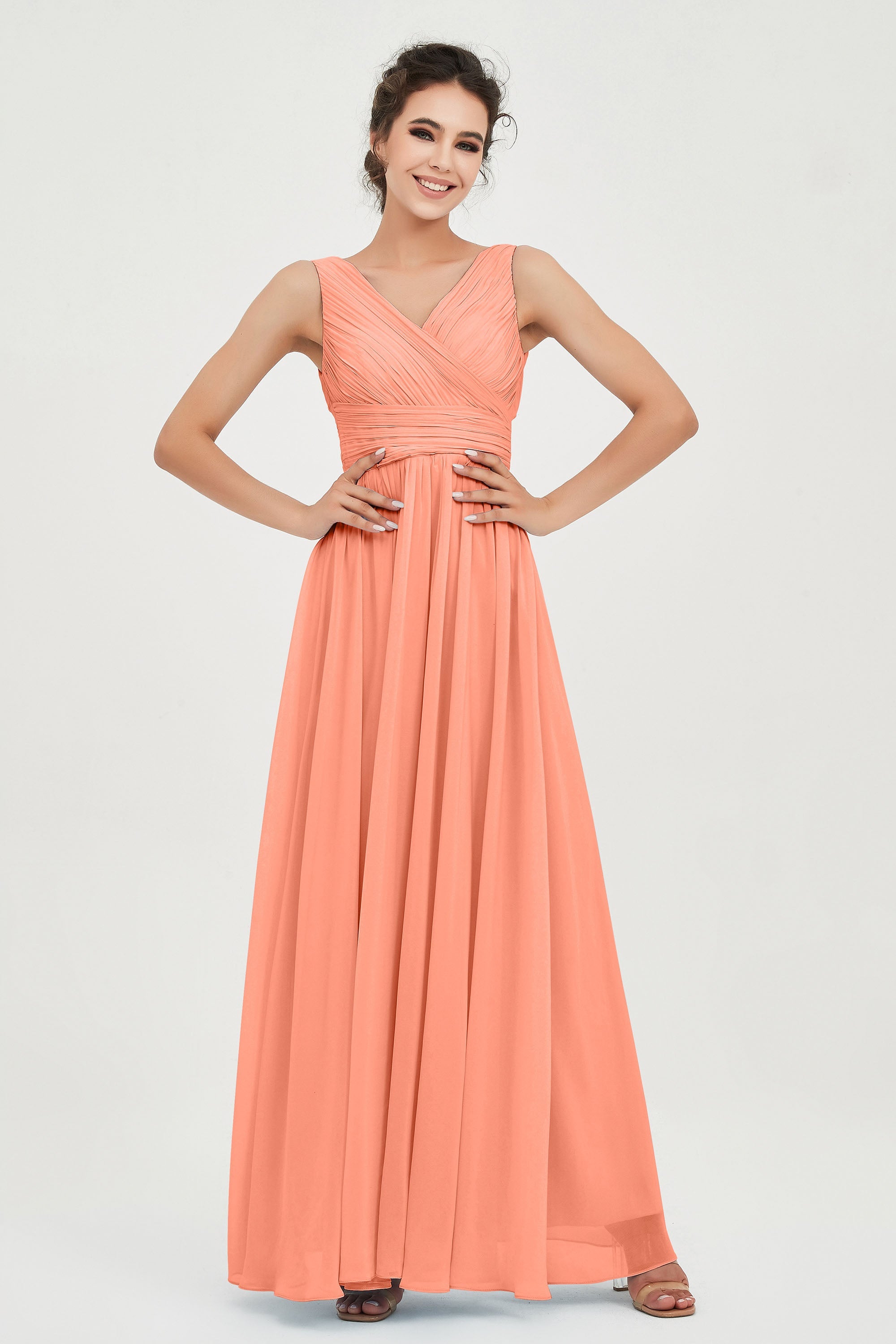 V Neck Natural Chiffon Bridesmaid Dress with Ruched Pleated Formal Evening Dresses Gowns