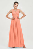 V Neck Natural Chiffon Bridesmaid Dress with Ruched Pleated Formal Evening Dresses Gowns