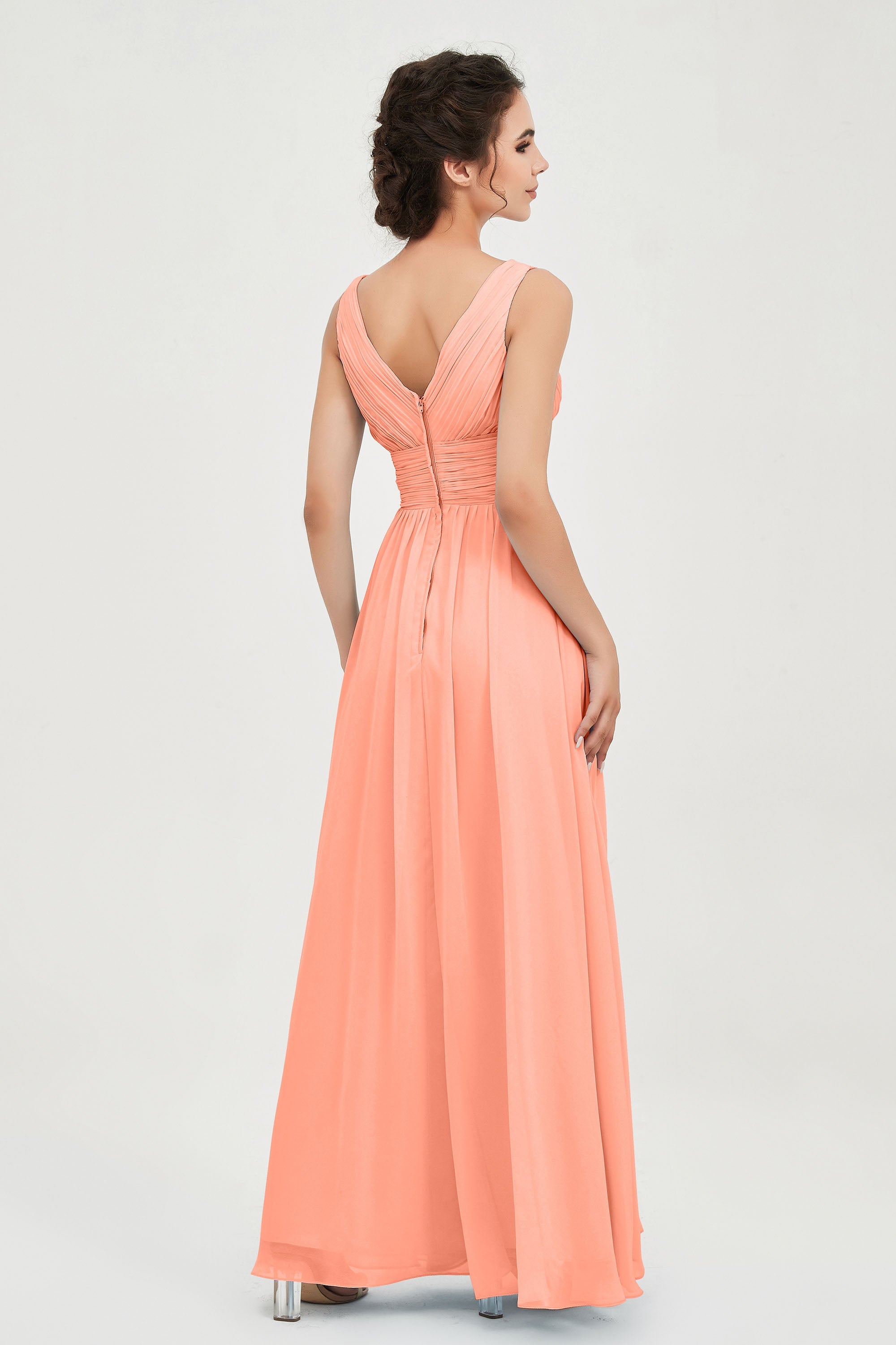 V Neck Natural Chiffon Bridesmaid Dress with Ruched Pleated Formal Evening Dresses Gowns