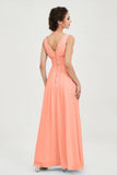 V Neck Natural Chiffon Bridesmaid Dress with Ruched Pleated Formal Evening Dresses Gowns