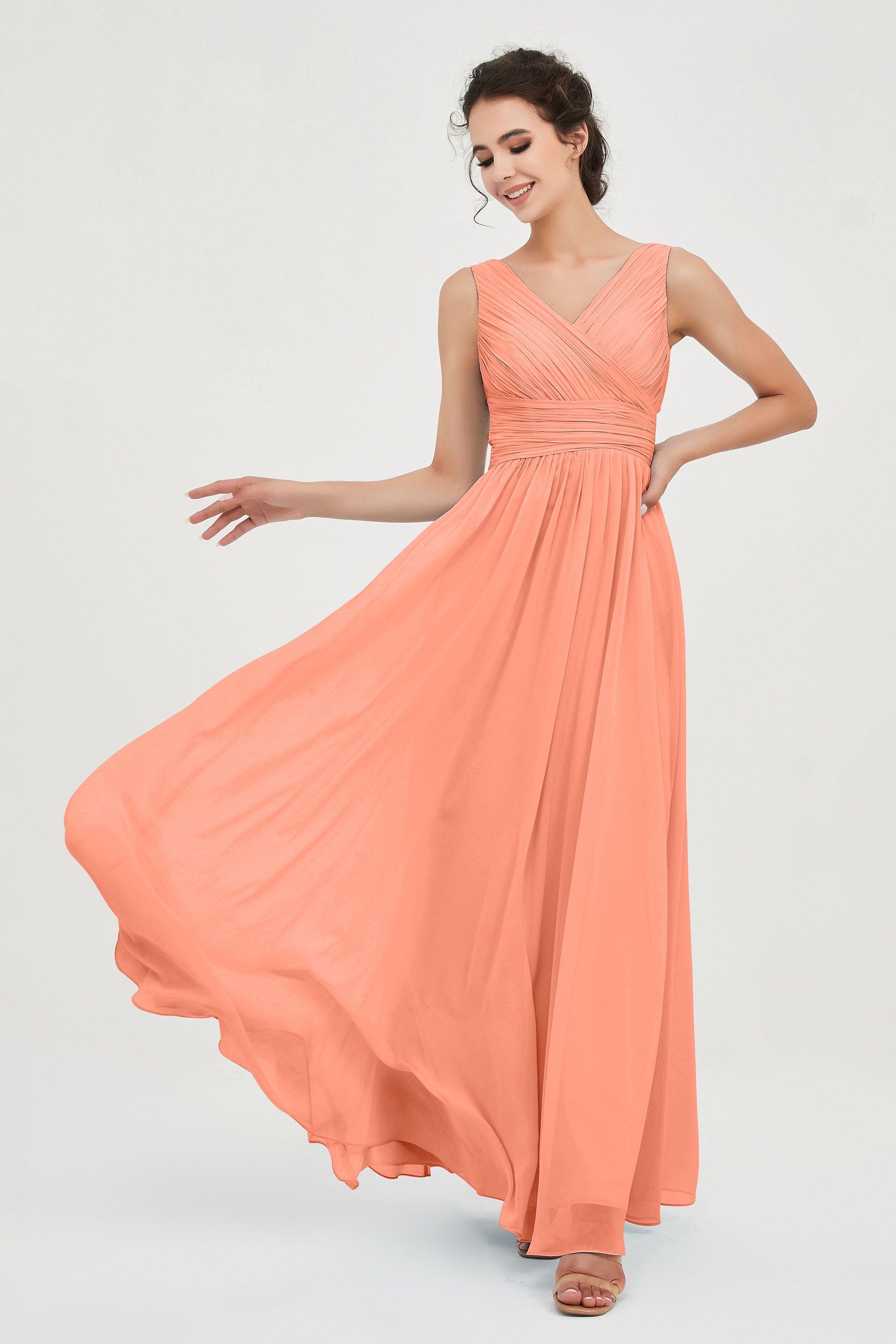 V Neck Natural Chiffon Bridesmaid Dress with Ruched Pleated Formal Evening Dresses Gowns