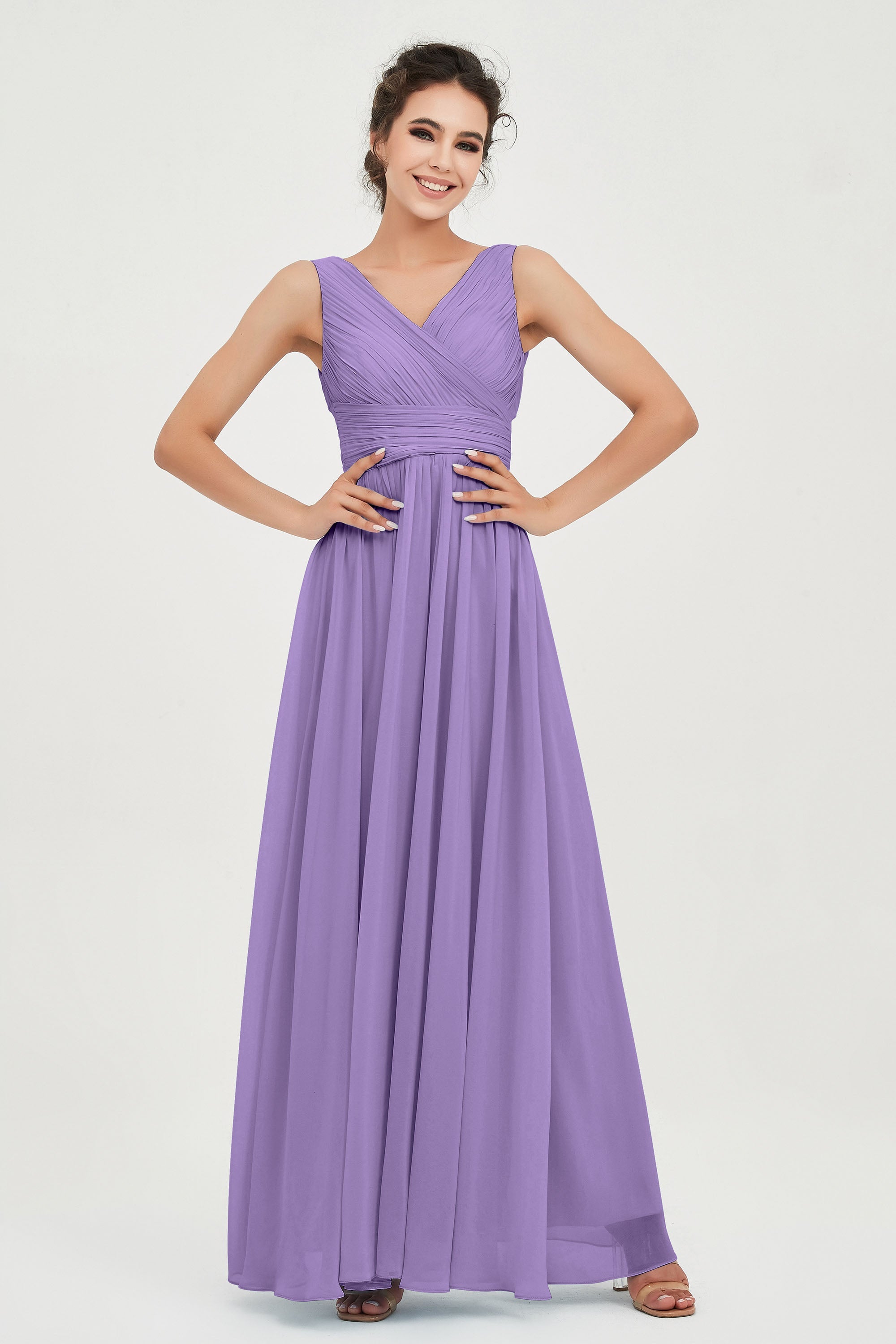 V Neck Natural Chiffon Bridesmaid Dress with Ruched Pleated Formal Evening Dresses Gowns