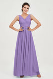 V Neck Natural Chiffon Bridesmaid Dress with Ruched Pleated Formal Evening Dresses Gowns