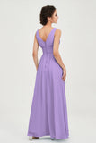 V Neck Natural Chiffon Bridesmaid Dress with Ruched Pleated Formal Evening Dresses Gowns