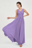 V Neck Natural Chiffon Bridesmaid Dress with Ruched Pleated Formal Evening Dresses Gowns