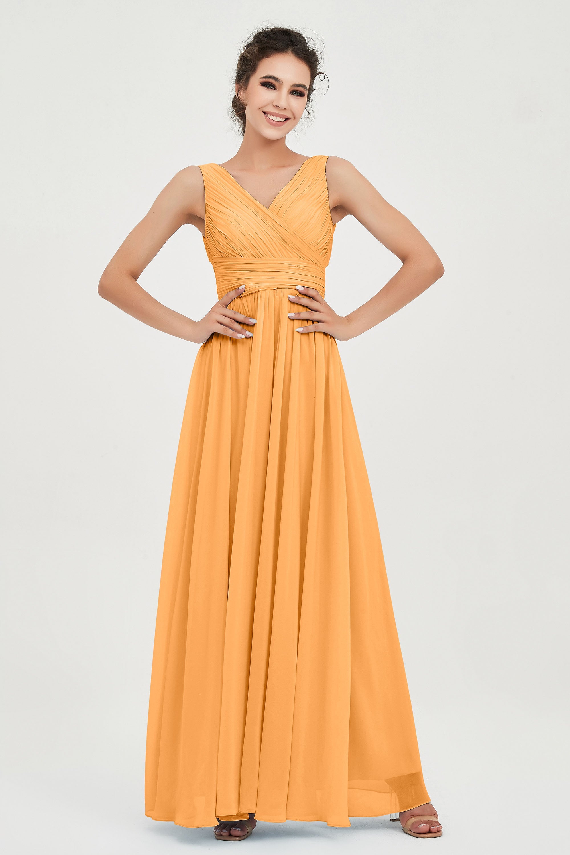 V Neck Natural Chiffon Bridesmaid Dress with Ruched Pleated Formal Evening Dresses Gowns