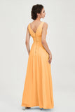 V Neck Natural Chiffon Bridesmaid Dress with Ruched Pleated Formal Evening Dresses Gowns
