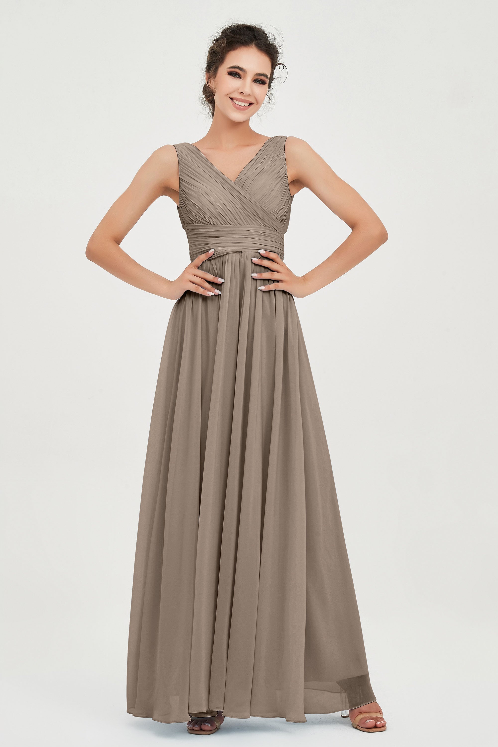V Neck Natural Chiffon Bridesmaid Dress with Ruched Pleated Formal Evening Dresses Gowns