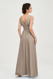 V Neck Natural Chiffon Bridesmaid Dress with Ruched Pleated Formal Evening Dresses Gowns