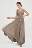 V Neck Natural Chiffon Bridesmaid Dress with Ruched Pleated Formal Evening Dresses Gowns