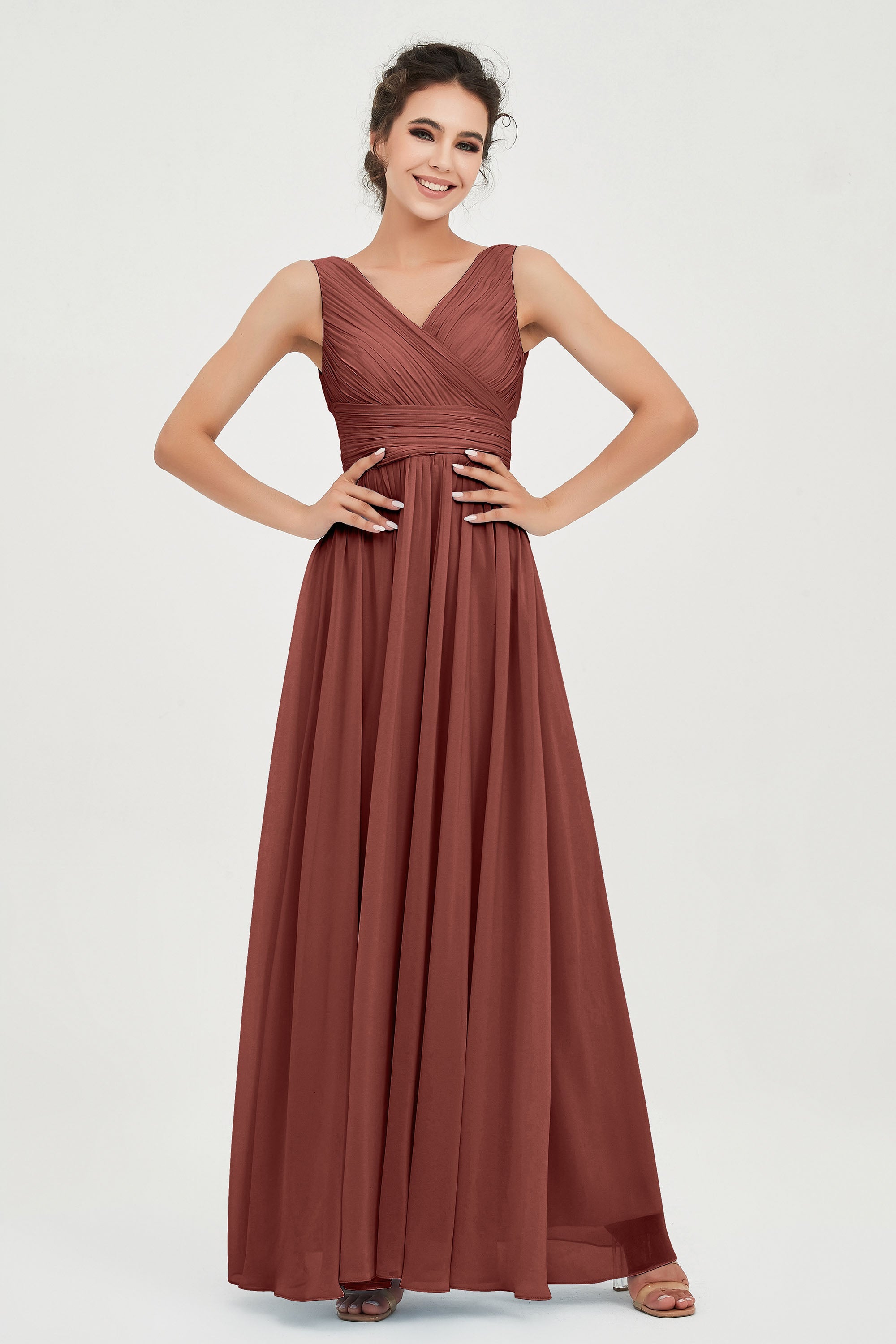 V Neck Natural Chiffon Bridesmaid Dress with Ruched Pleated Formal Evening Dresses Gowns