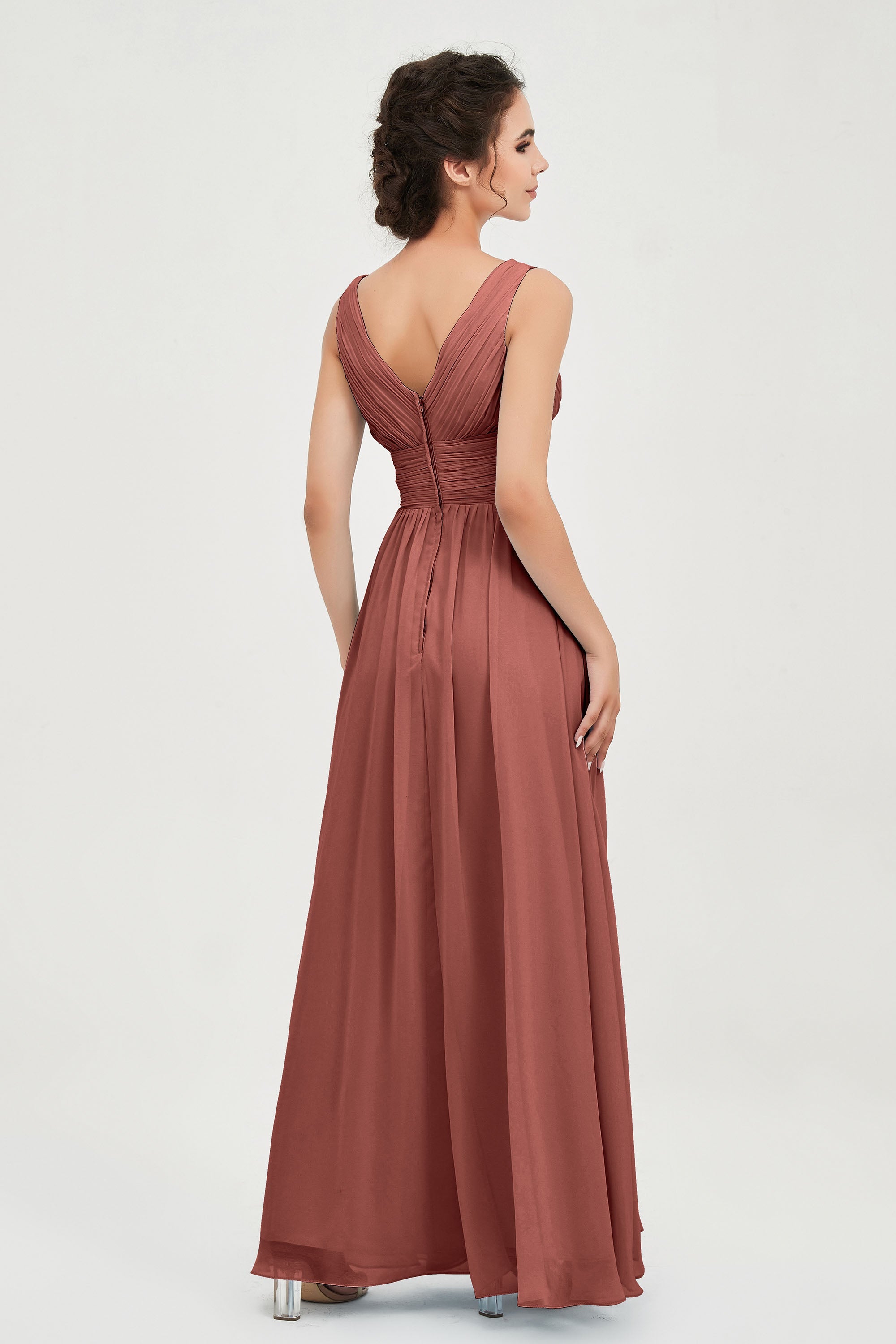 V Neck Natural Chiffon Bridesmaid Dress with Ruched Pleated Formal Evening Dresses Gowns