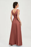 V Neck Natural Chiffon Bridesmaid Dress with Ruched Pleated Formal Evening Dresses Gowns