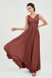 V Neck Natural Chiffon Bridesmaid Dress with Ruched Pleated Formal Evening Dresses Gowns