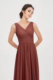 V Neck Natural Chiffon Bridesmaid Dress with Ruched Pleated Formal Evening Dresses Gowns