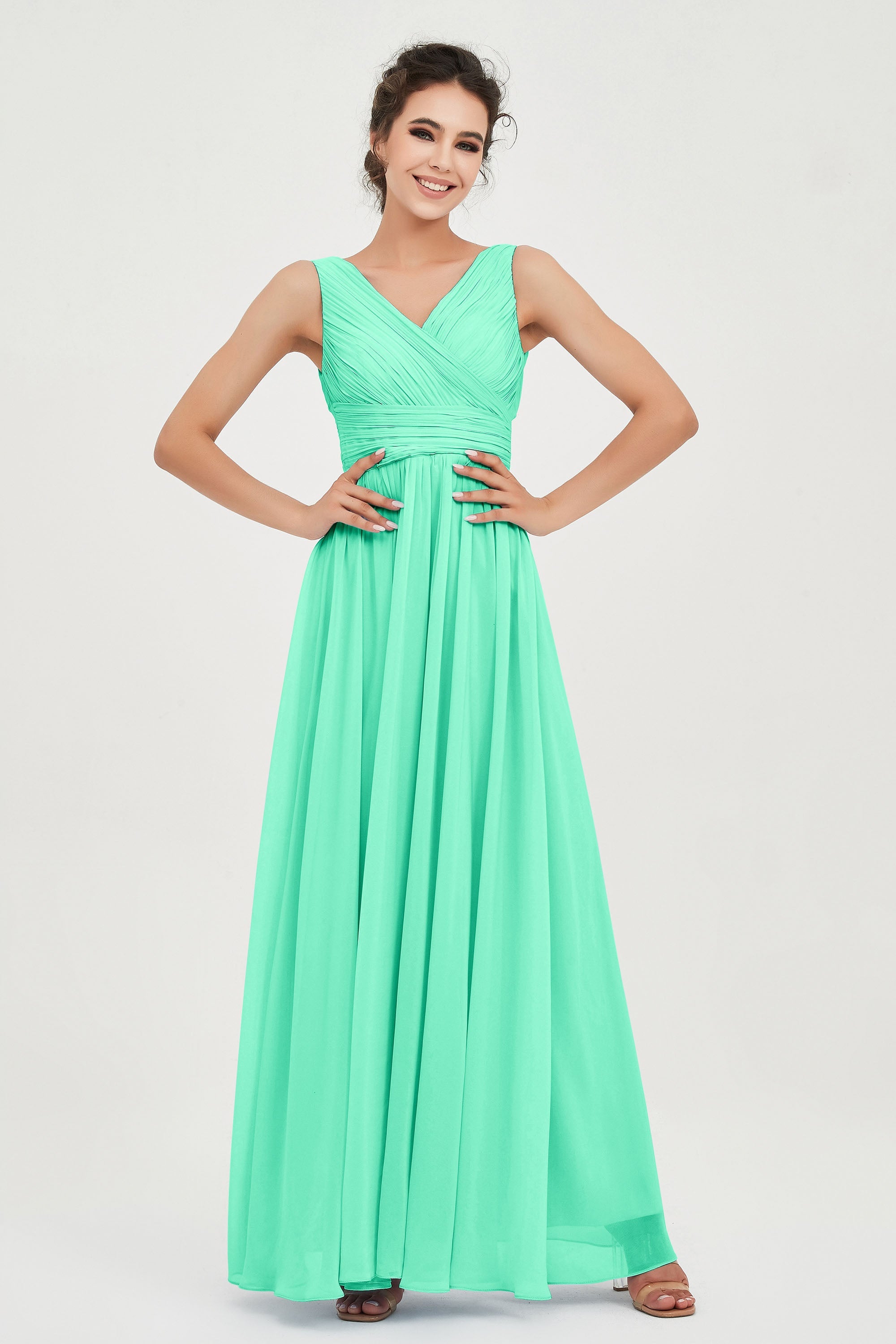 V Neck Natural Chiffon Bridesmaid Dress with Ruched Pleated Formal Evening Dresses Gowns
