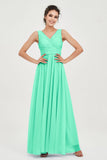 V Neck Natural Chiffon Bridesmaid Dress with Ruched Pleated Formal Evening Dresses Gowns