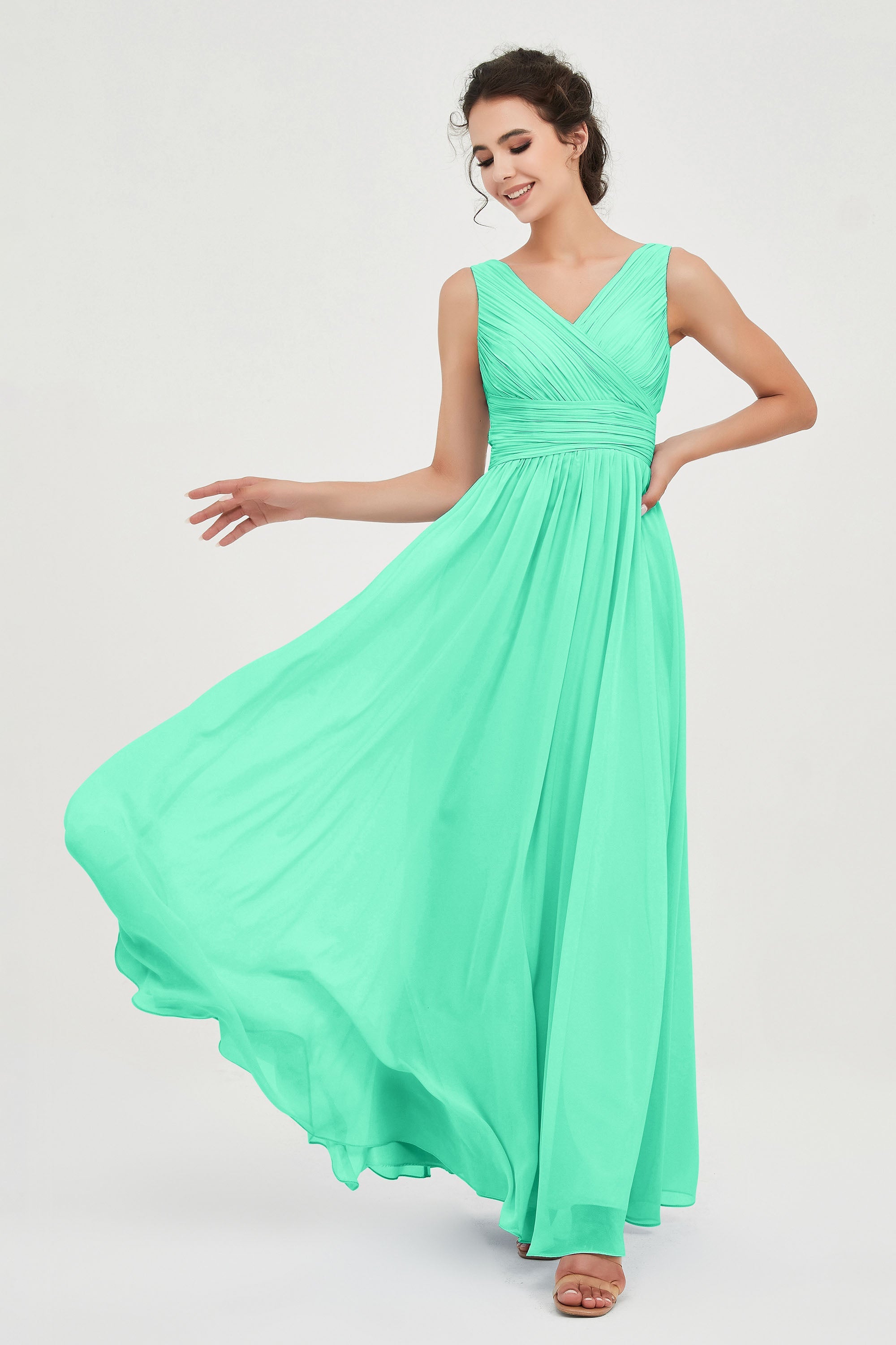 V Neck Natural Chiffon Bridesmaid Dress with Ruched Pleated Formal Evening Dresses Gowns