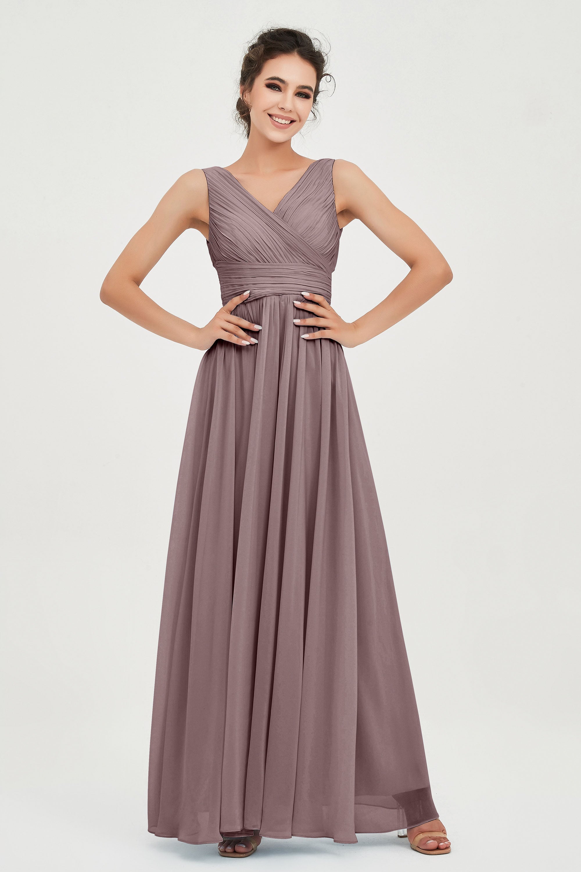 V Neck Natural Chiffon Bridesmaid Dress with Ruched Pleated Formal Evening Dresses Gowns