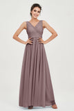 V Neck Natural Chiffon Bridesmaid Dress with Ruched Pleated Formal Evening Dresses Gowns